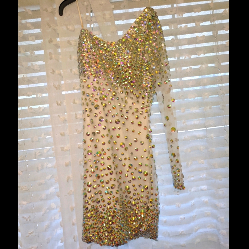 NWT One Shoulder Long Sleeve Beaded Mini Dress